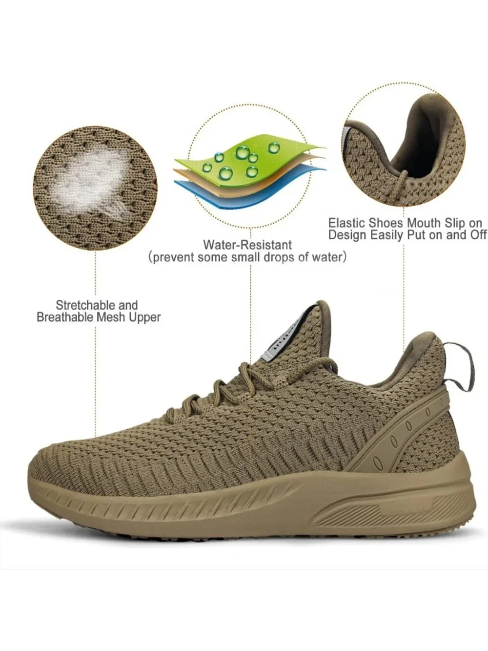 Women's Khaki Mesh Lightweight Casual Tennis Running Sneakers for Travel Work